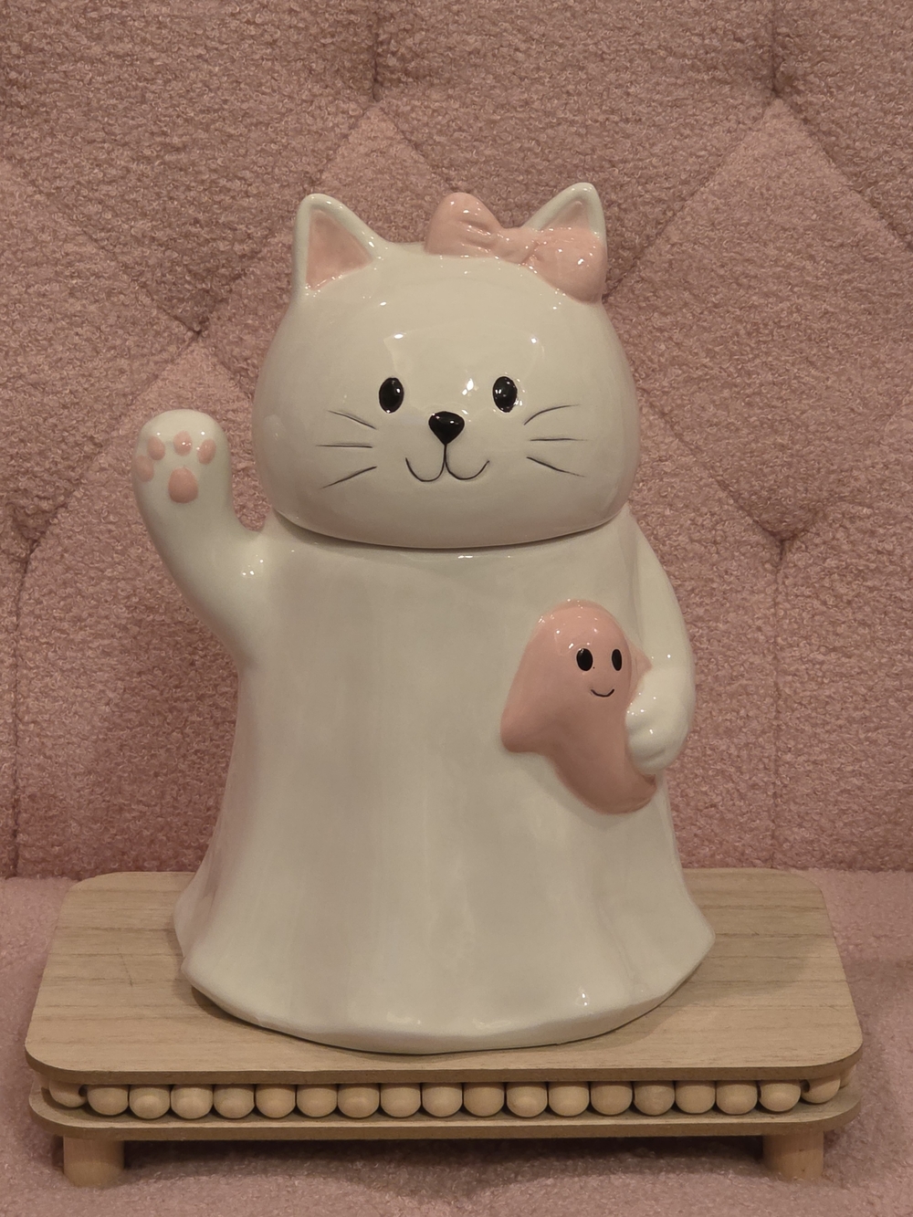 Ceramic White & Pink Cat Cookie Jar - Cute Paw & Bow Design